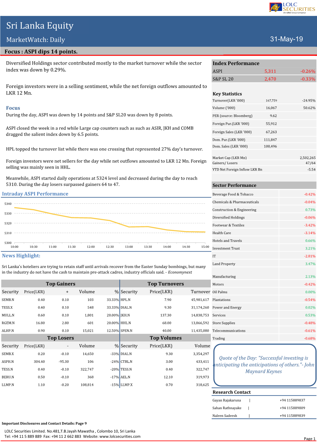 Sri Lanka Equity Marketwatch: Daily 31-May-19 Focus : ASPI Dips 14 Points