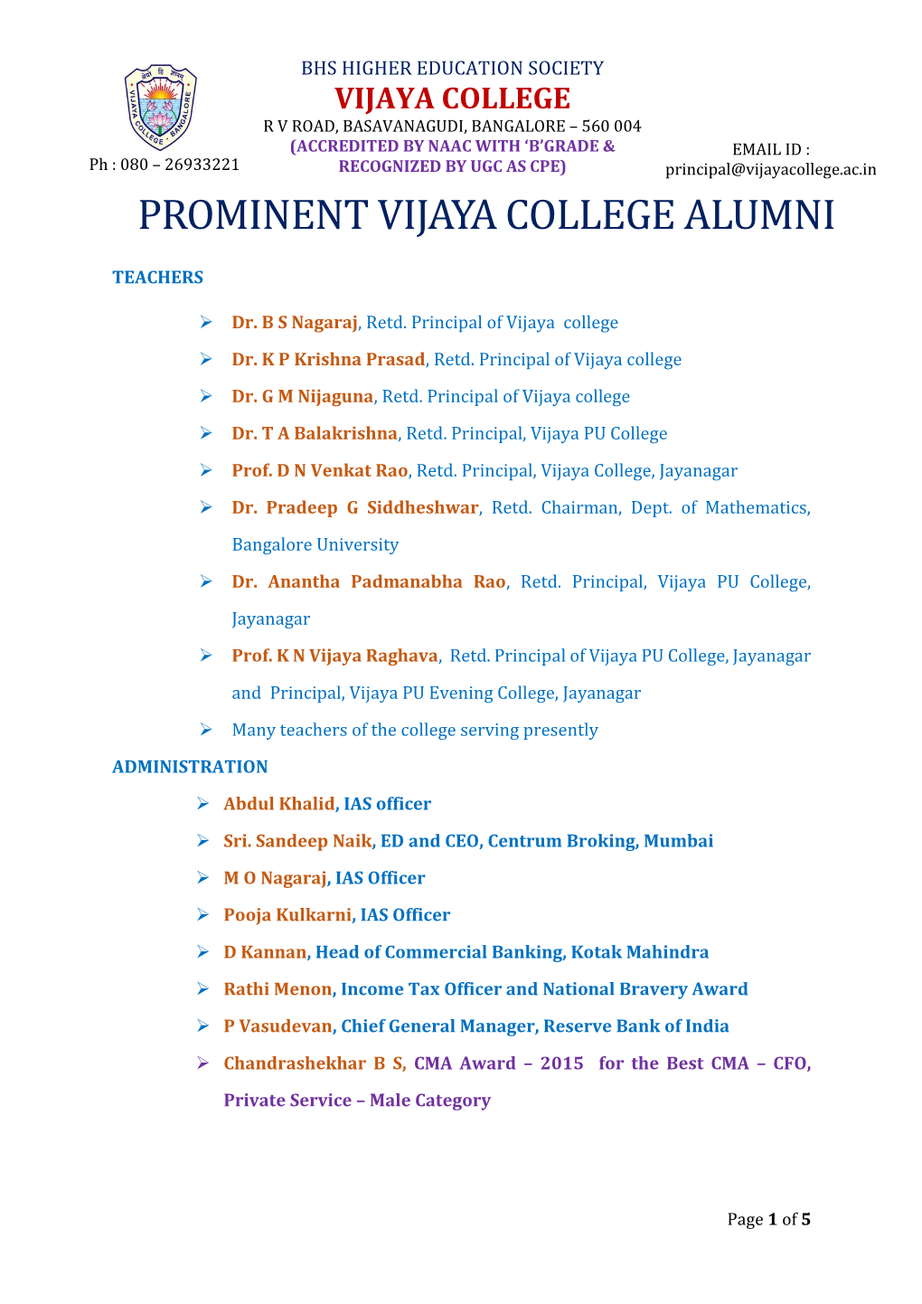 Prominent Vijaya College Alumni