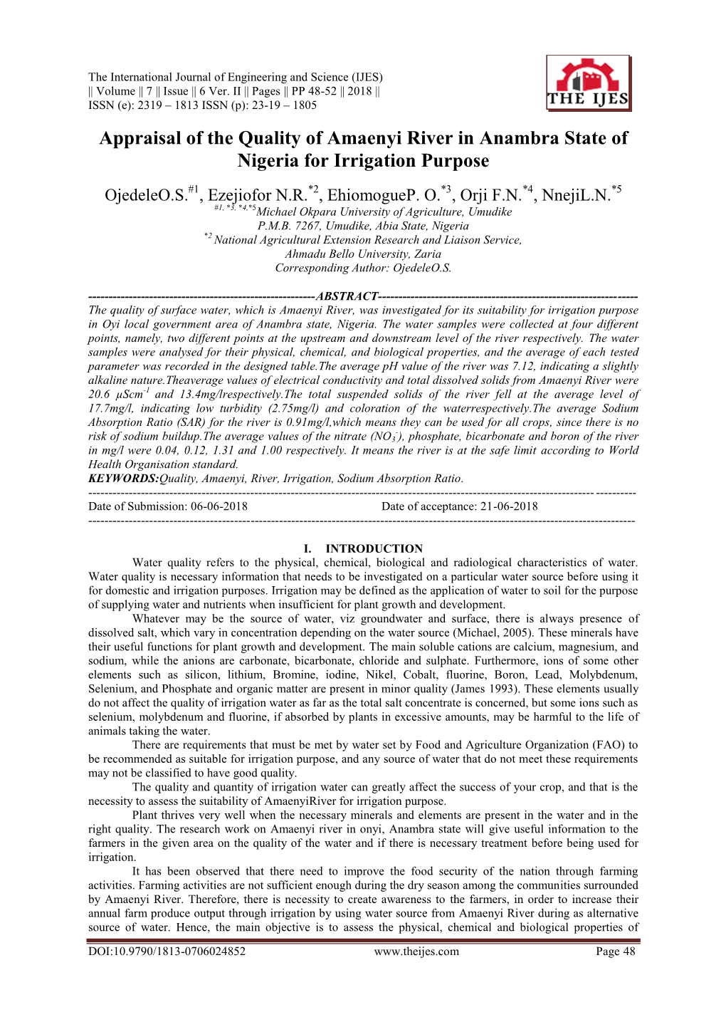 Appraisal of the Quality of Amaenyi River in Anambra State of Nigeria for Irrigation Purpose