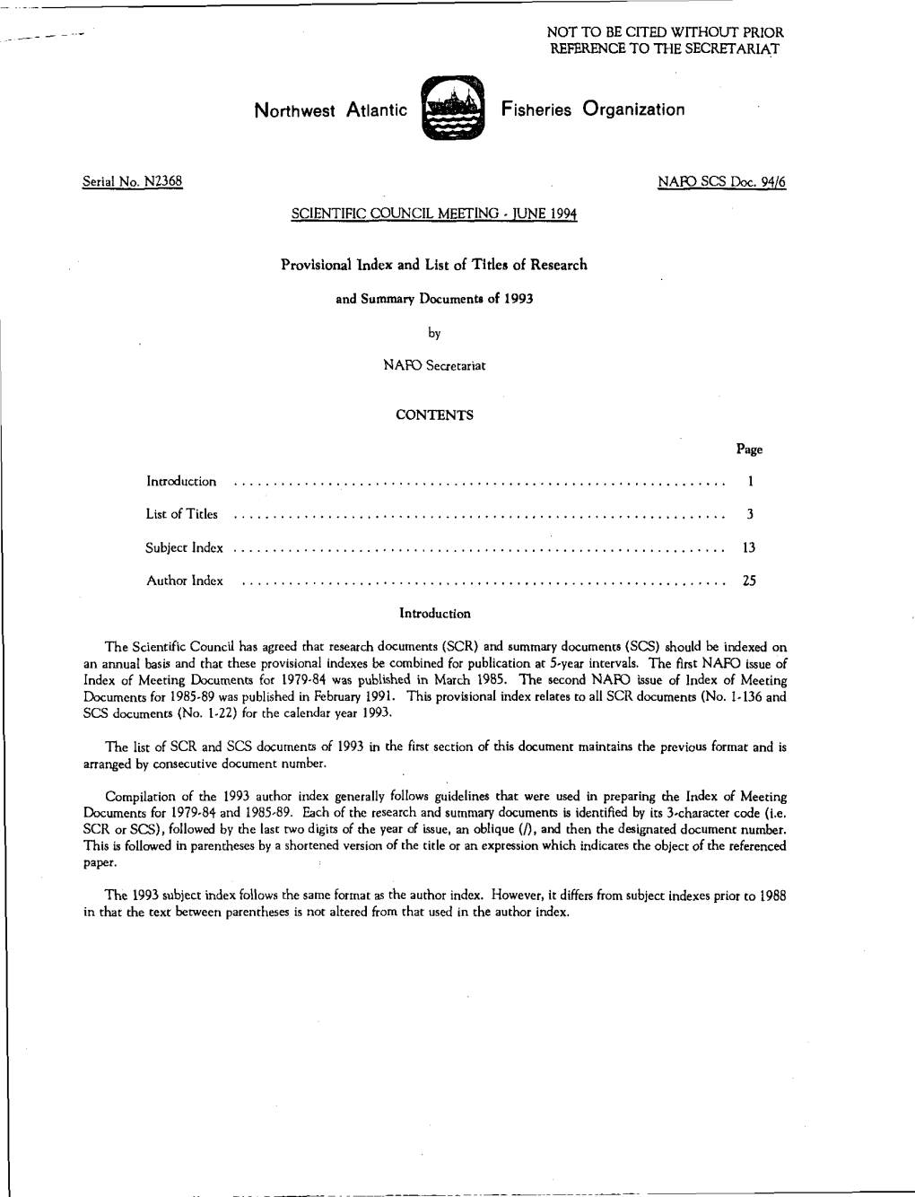 Provisional Index and List of Titles of Research and Summary Documents of 1992