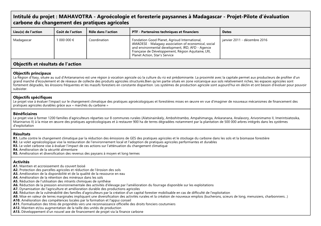 Agroécologie Et Foresterie Paysannes À Madagascar - Projet-Pilote D’Évaluation Carbone Du Changement Des Pratiques Agricoles