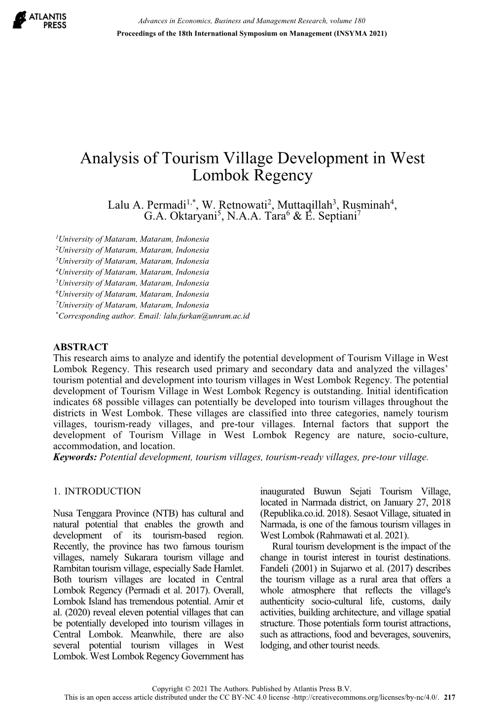 Analysis of Tourism Village Development in West Lombok Regency