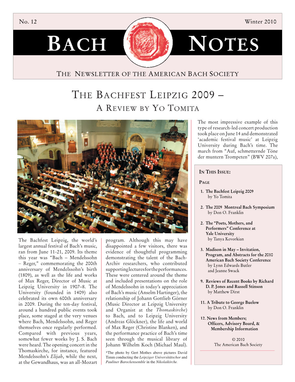 Bach Notes No. 12 (Winter 2010)