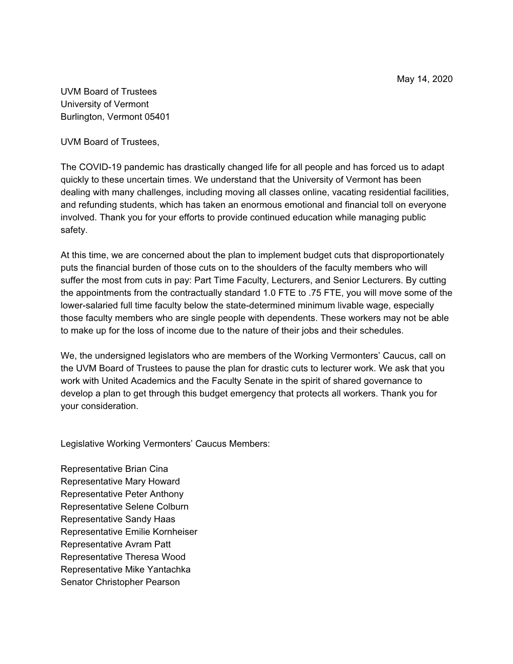 May 2020 Letter from Working Vermont