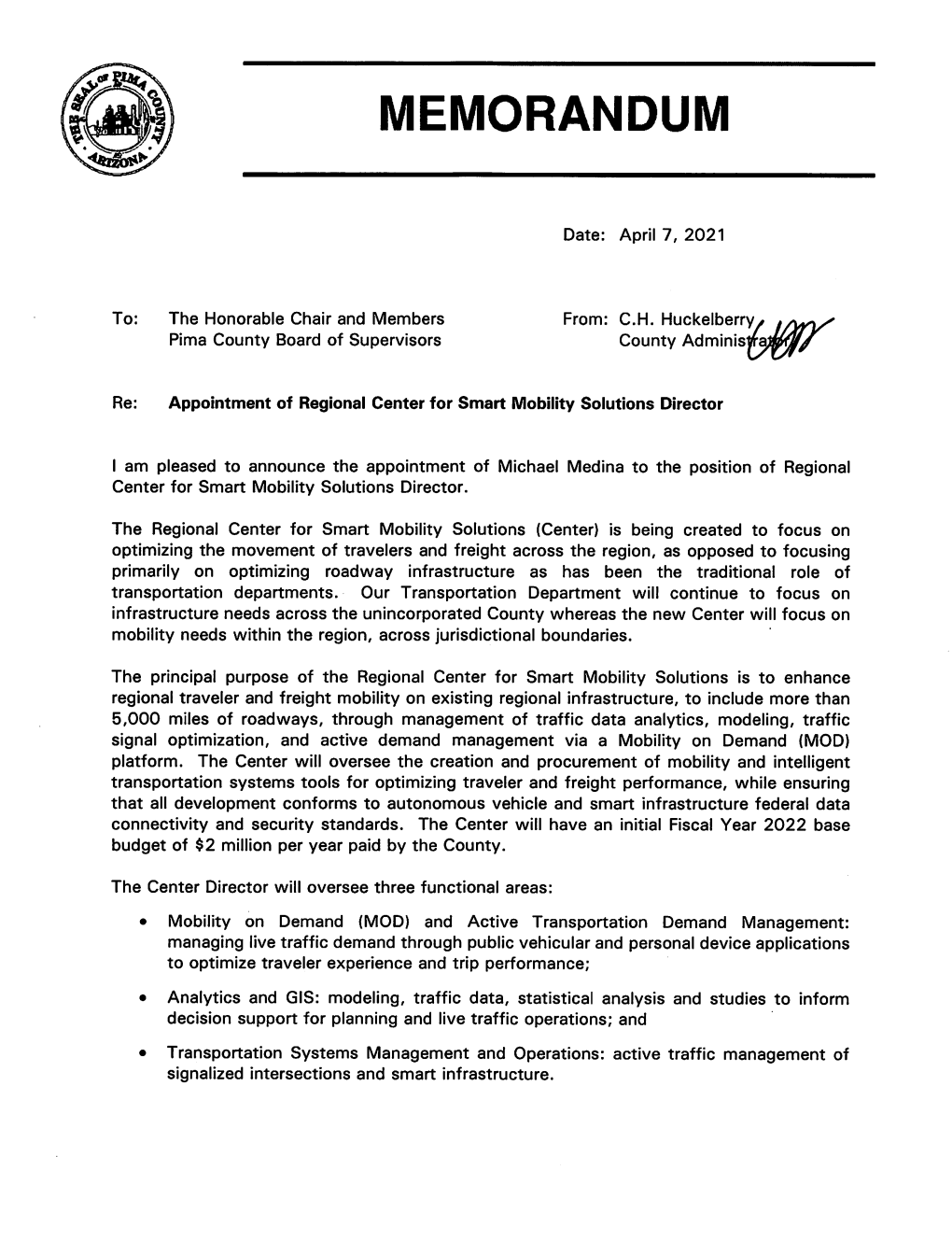 Appointment of Regional Center for Smart Mobility Solutions Director April 7, 2021 Page 2