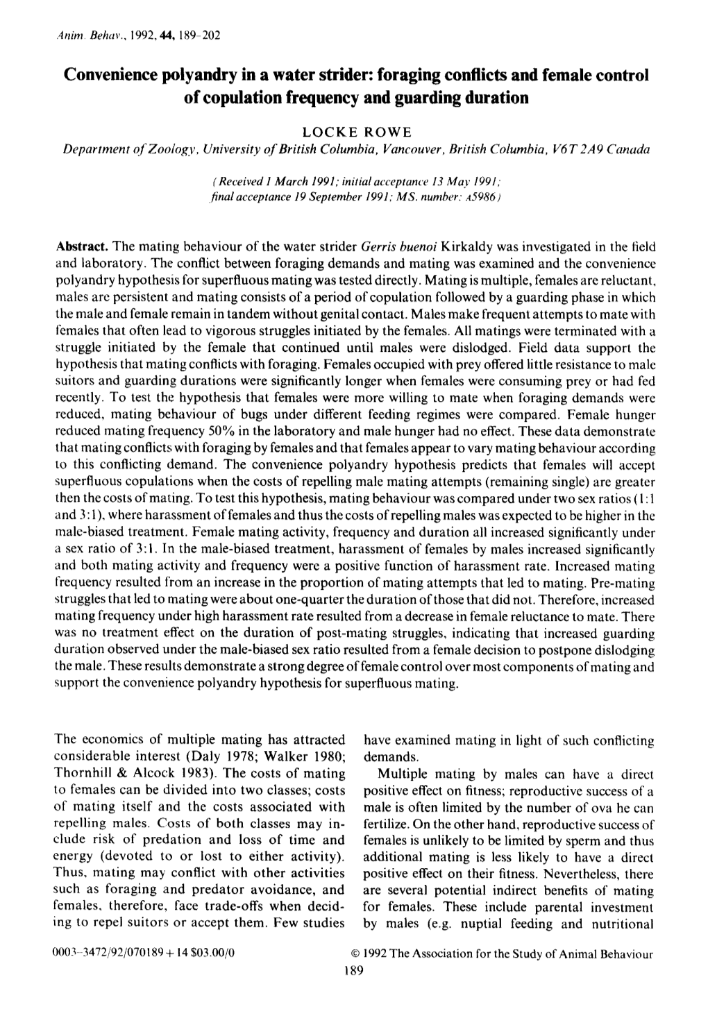 Convenience Polyandry in a Water Strider: Foraging Conflicts and Female Control of Copulation Frequency and Guarding Duration