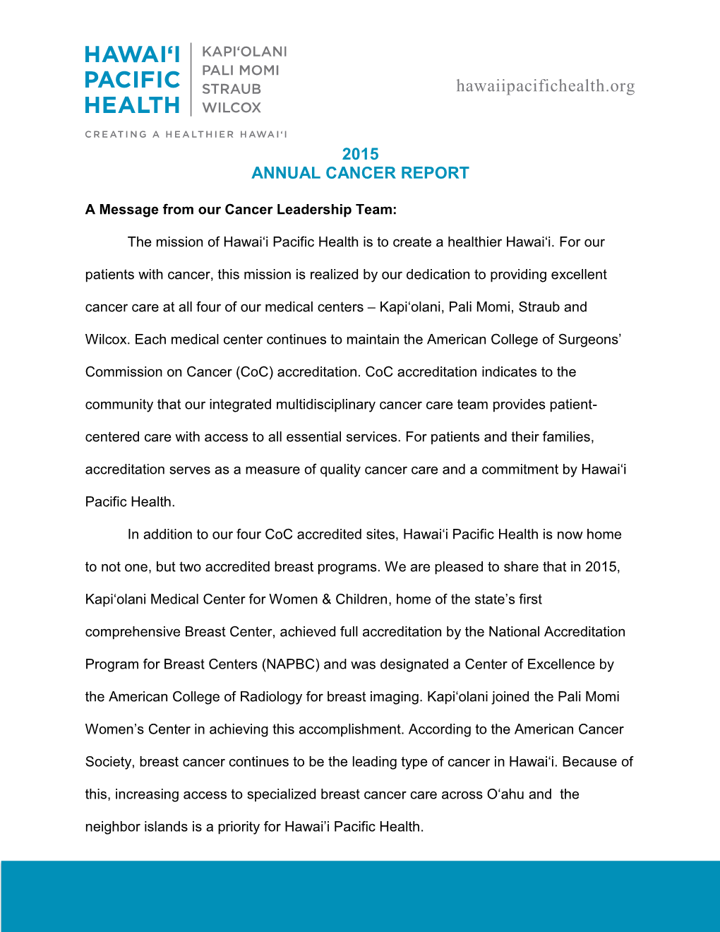 Hawaii Pacific Health Cancer Report 2015