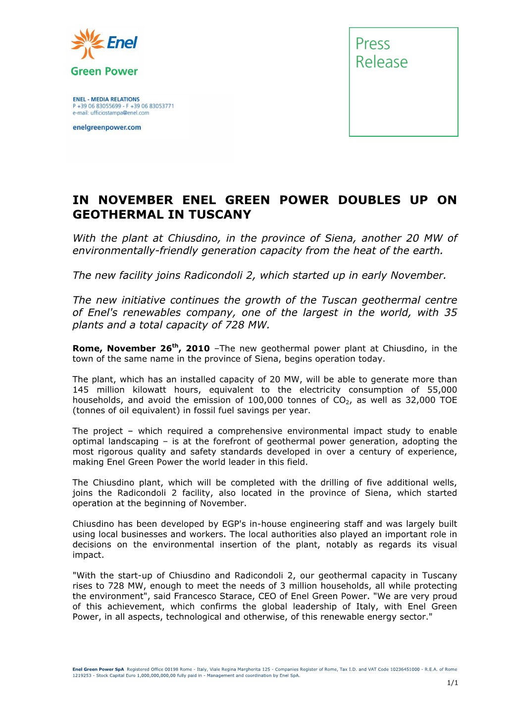 In November Enel Green Power Doubles up on Geothermal in Tuscany