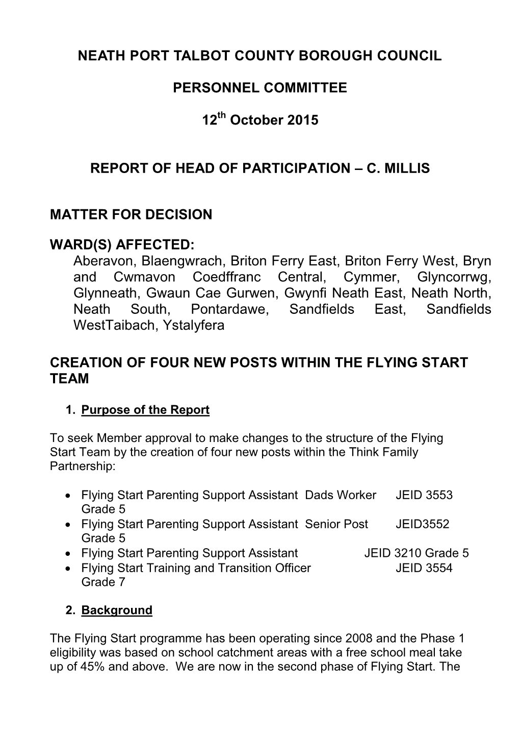 Creation of Four New Posts Within the Flying Start Team PDF 198 KB