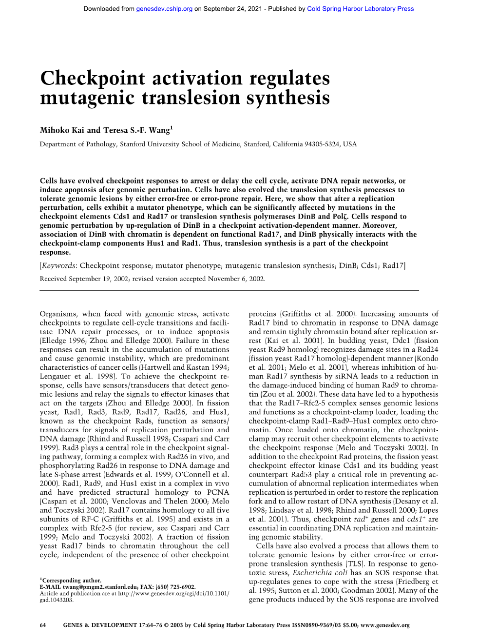 Checkpoint Activation Regulates Mutagenic Translesion Synthesis