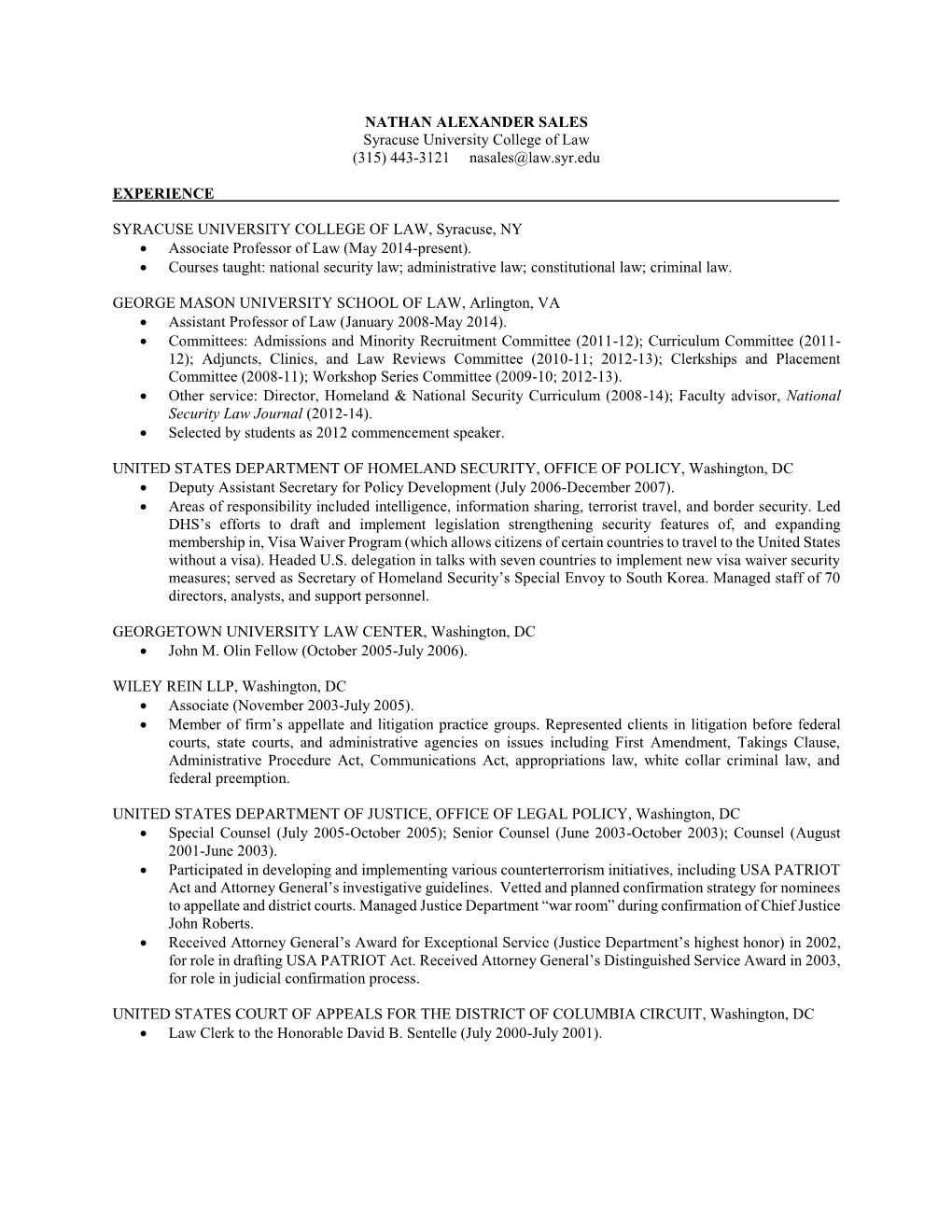 NATHAN ALEXANDER SALES Syracuse University College of Law (315) 443-3121 Nasales@Law.Syr.Edu