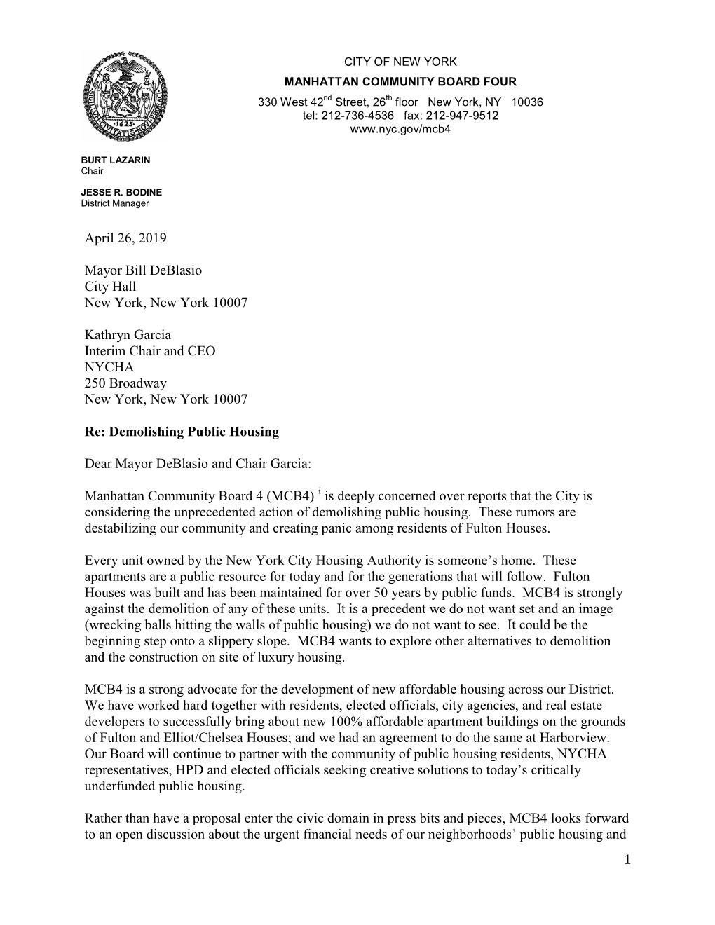 Letter to Mayor Bill Deblasio Re Demolishing Public Housing