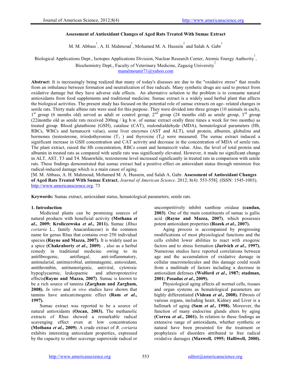 Assessment of Antioxidant Changes of Aged Rats Treated with Sumac Extract