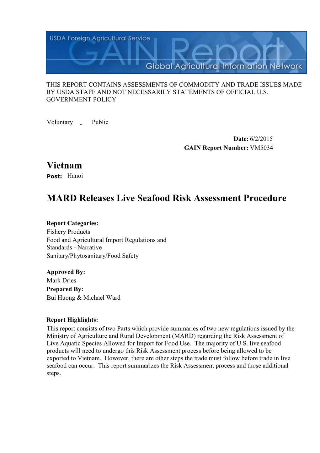MARD Releases Live Seafood Risk Assessment Procedure Vietnam