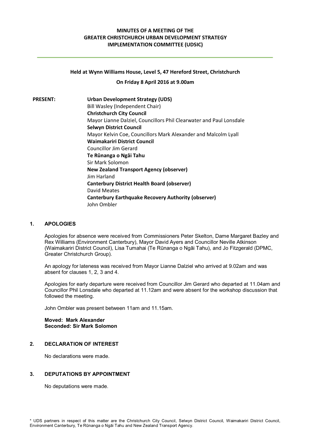 Minutes of a Meeting of the Greater Christchurch Urban Development Strategy Implementation Committee (Udsic)