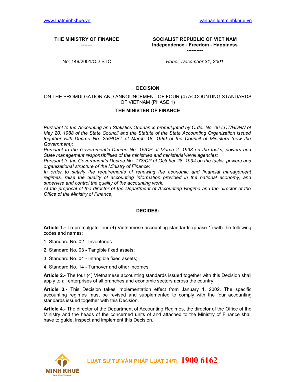 On the Promulgation and Announcement of Four (4) Accounting Standards of Vietnam (Phase 1)