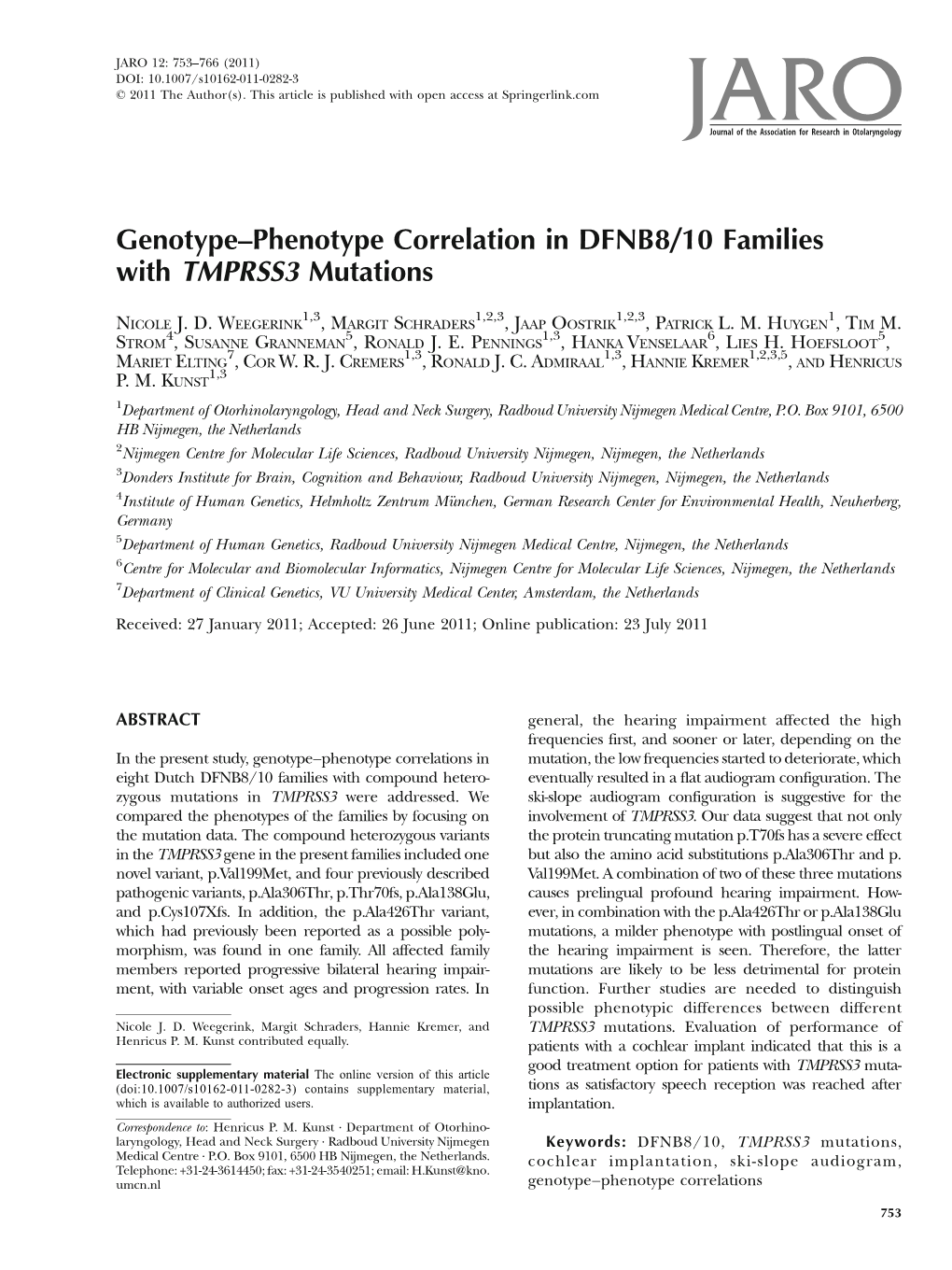 Genotype–Phenotype Correlation in DFNB8/10 Families with TMPRSS3 Mutations