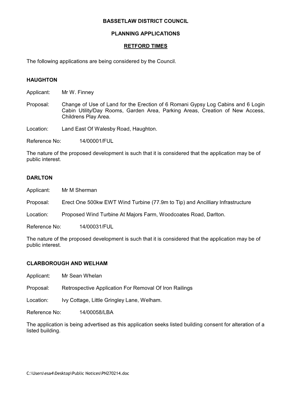 Bassetlaw District Council Planning Applications