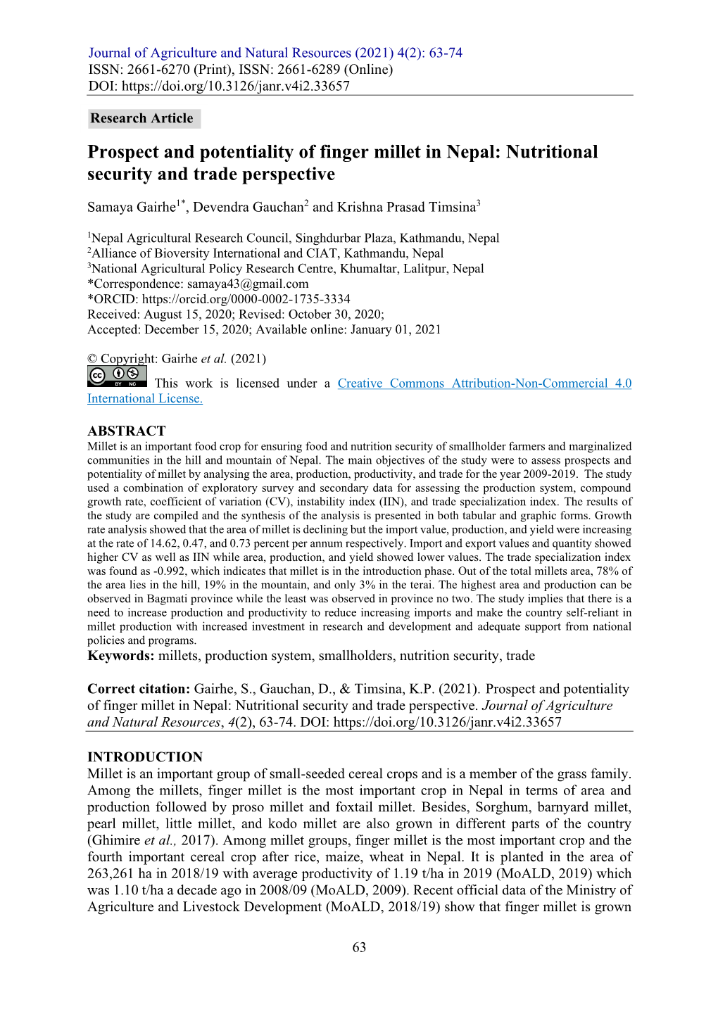 Prospect and Potentiality of Finger Millet in Nepal: Nutritional Security and Trade Perspective