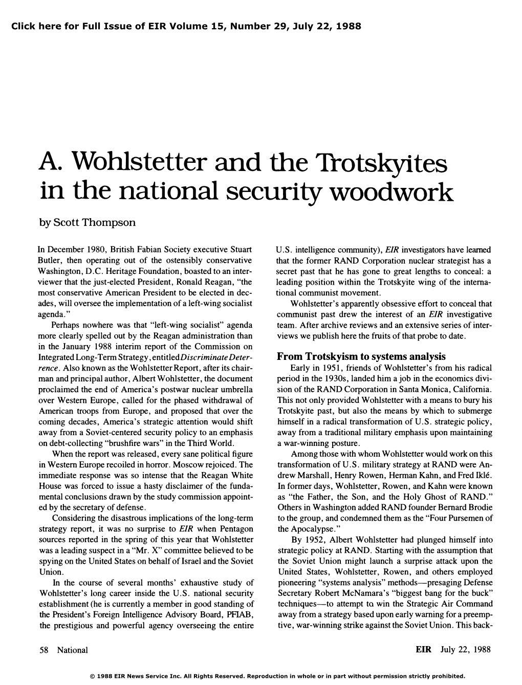 A. Wohlstetter and the Trotskyites in the National Security Woodwork