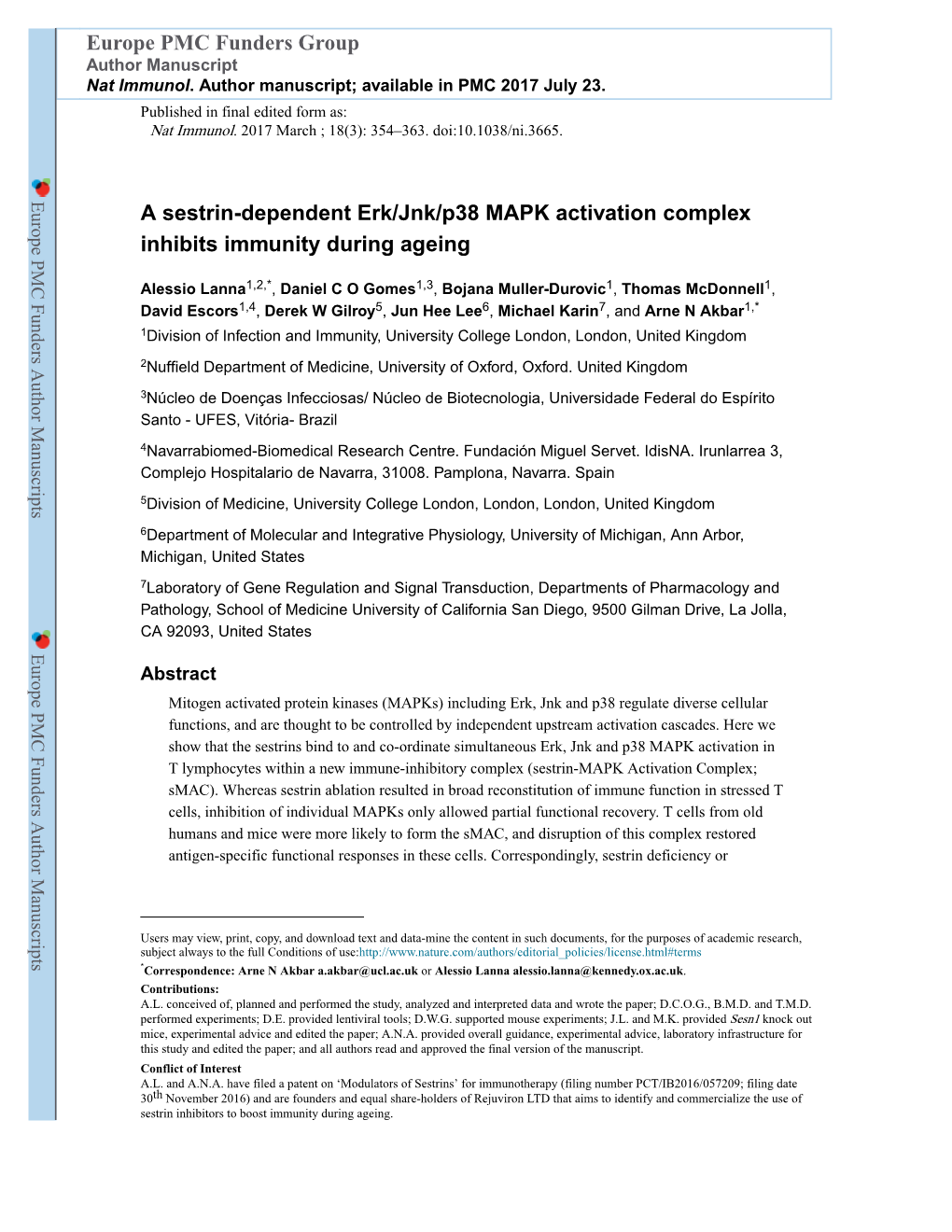 A Sestrin-Dependent Erk/Jnk/P38 MAPK Activation Complex Inhibits Immunity During Ageing