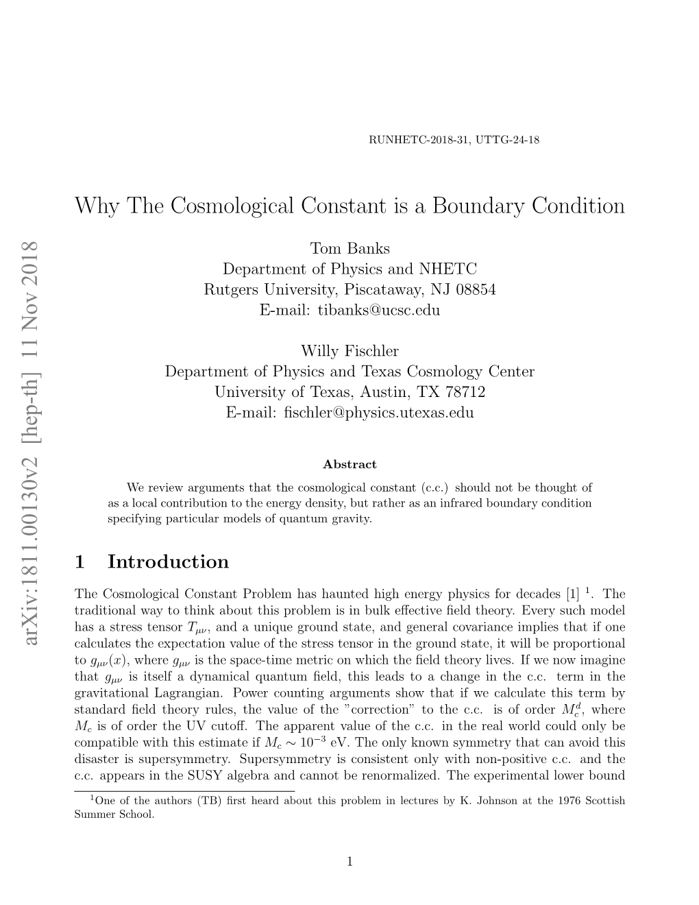 Why the Cosmological Constant Is a Boundary Condition Arxiv