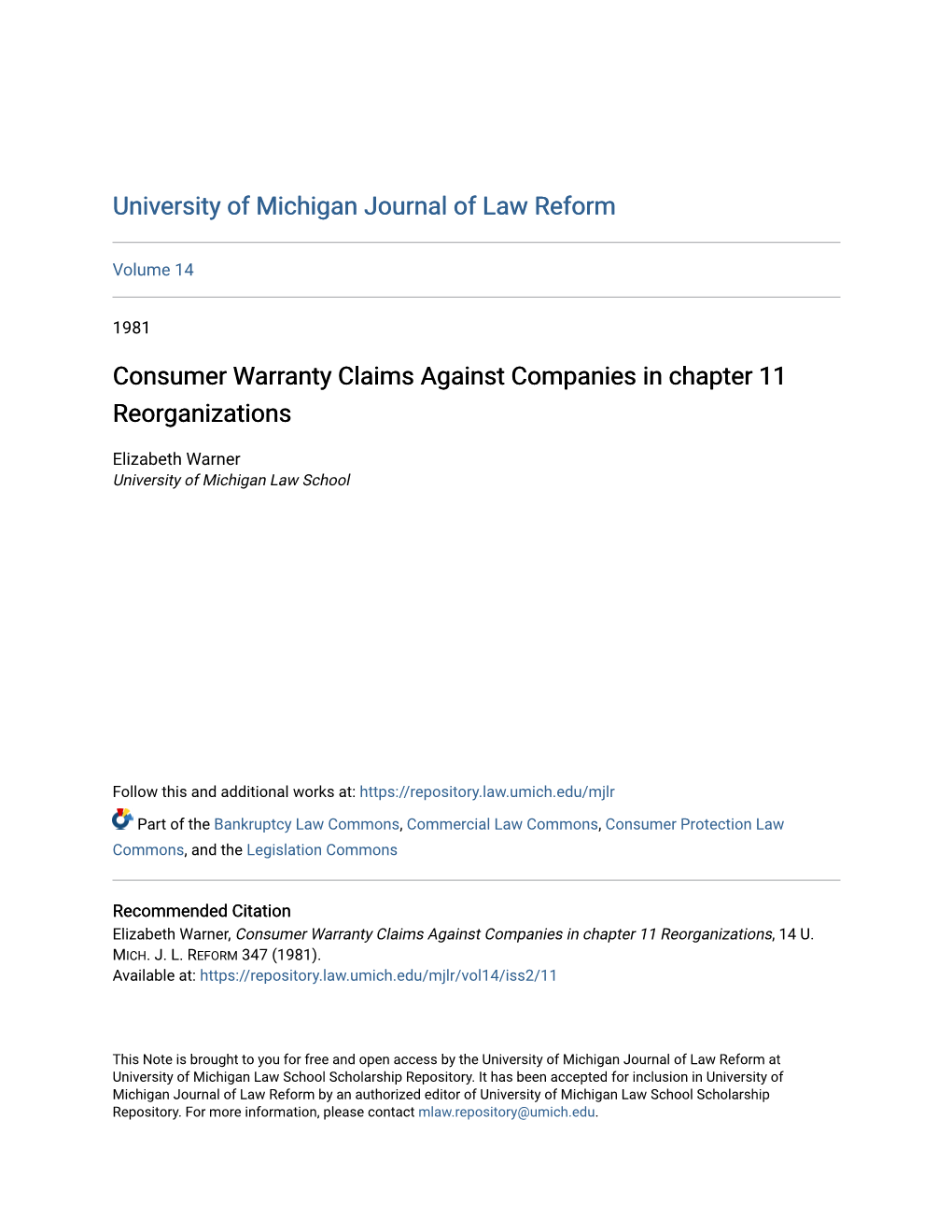 Consumer Warranty Claims Against Companies in Chapter 11 Reorganizations