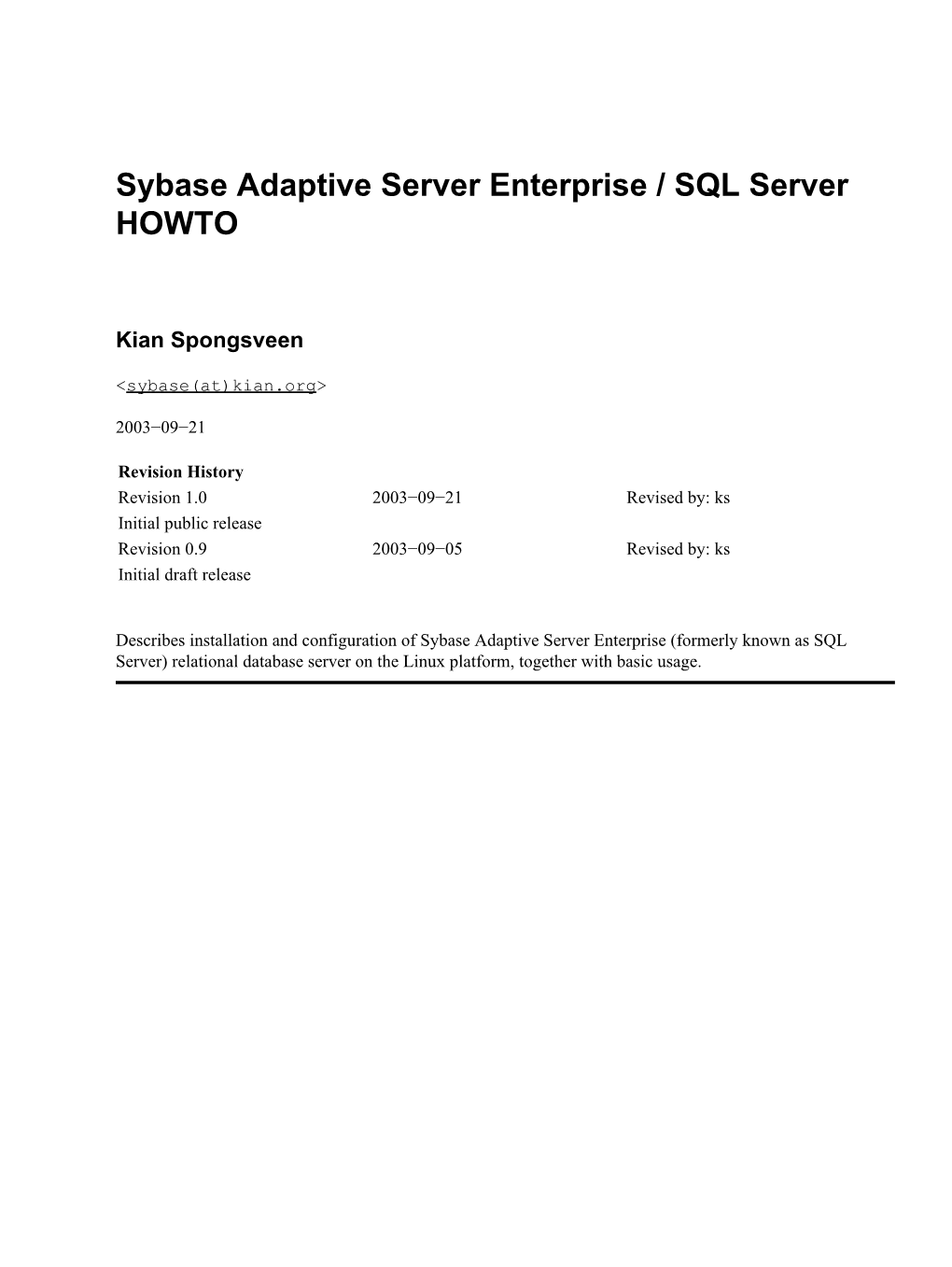 Sybase Adaptive Server Enterprise / SQL Server HOWTO