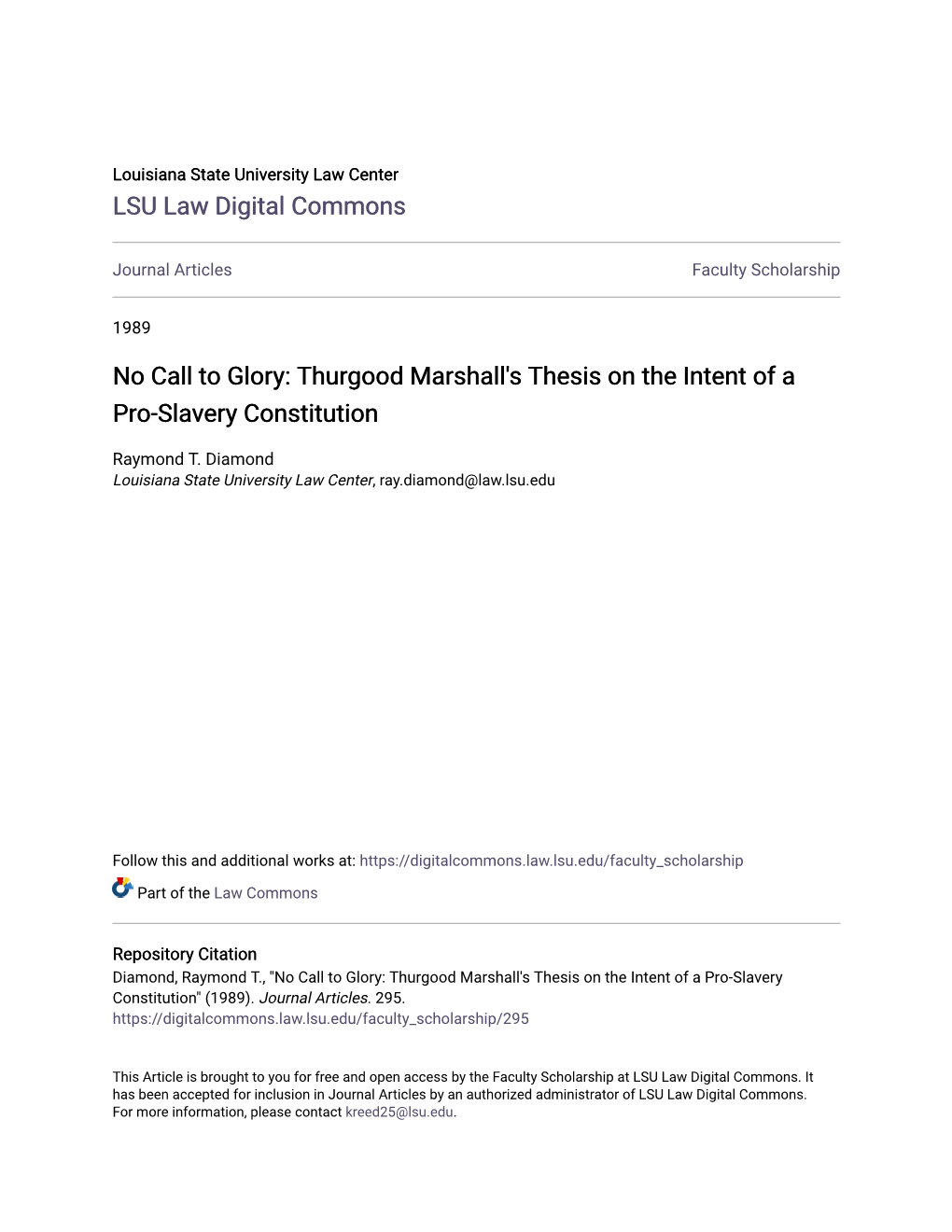 No Call to Glory: Thurgood Marshall's Thesis on the Intent of a Pro-Slavery Constitution