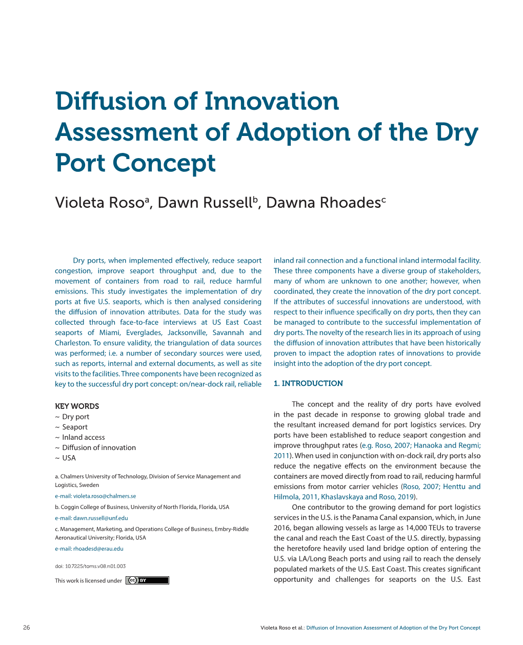 Diffusion of Innovation Assessment of Adoption of the Dry Port Concept