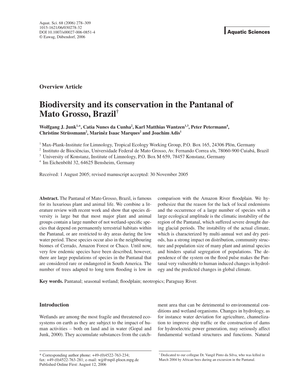 Biodiversity and Its Conservation in the Pantanal of Mato Grosso, Brazil†