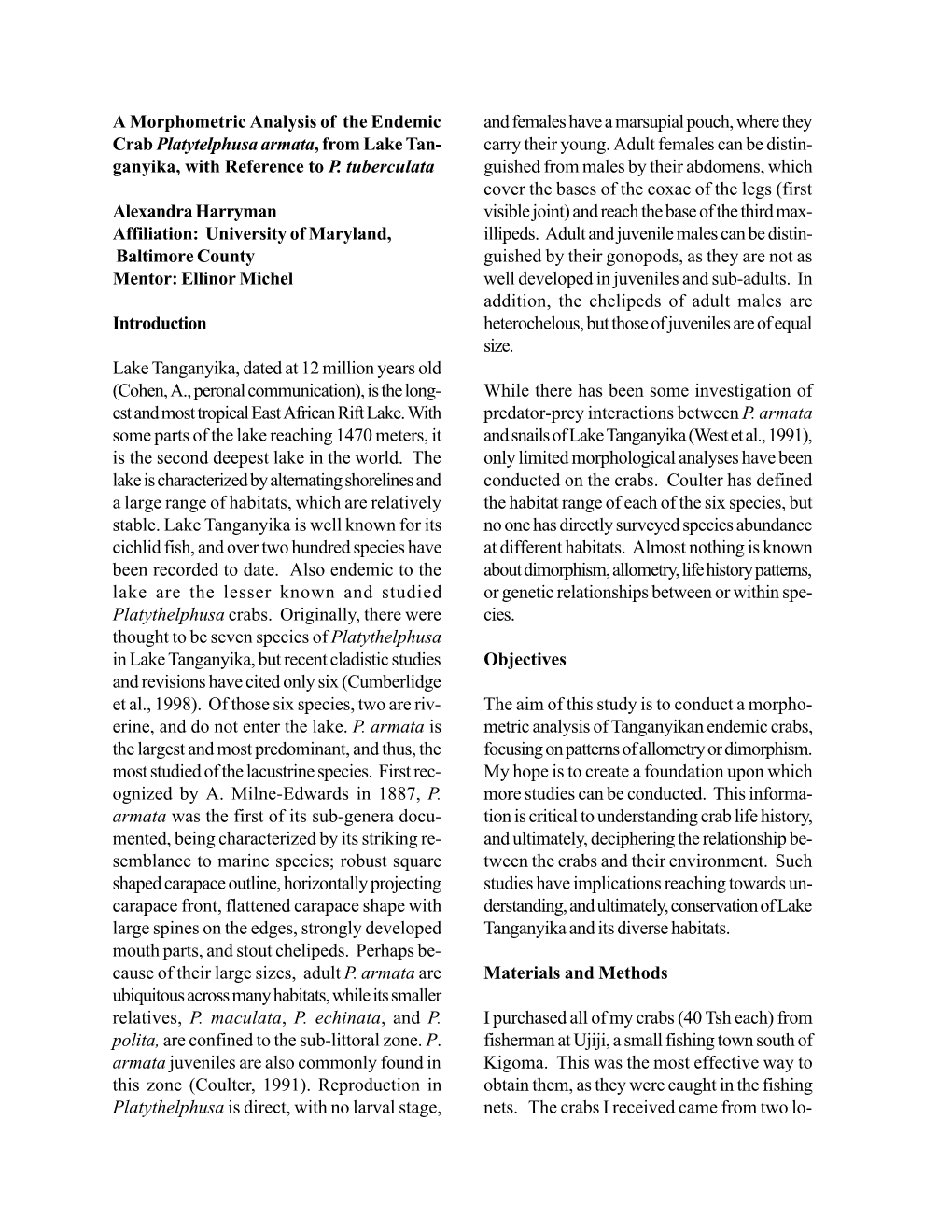 A Morphometric Analysis of the Endemic Crab Platytelphusa