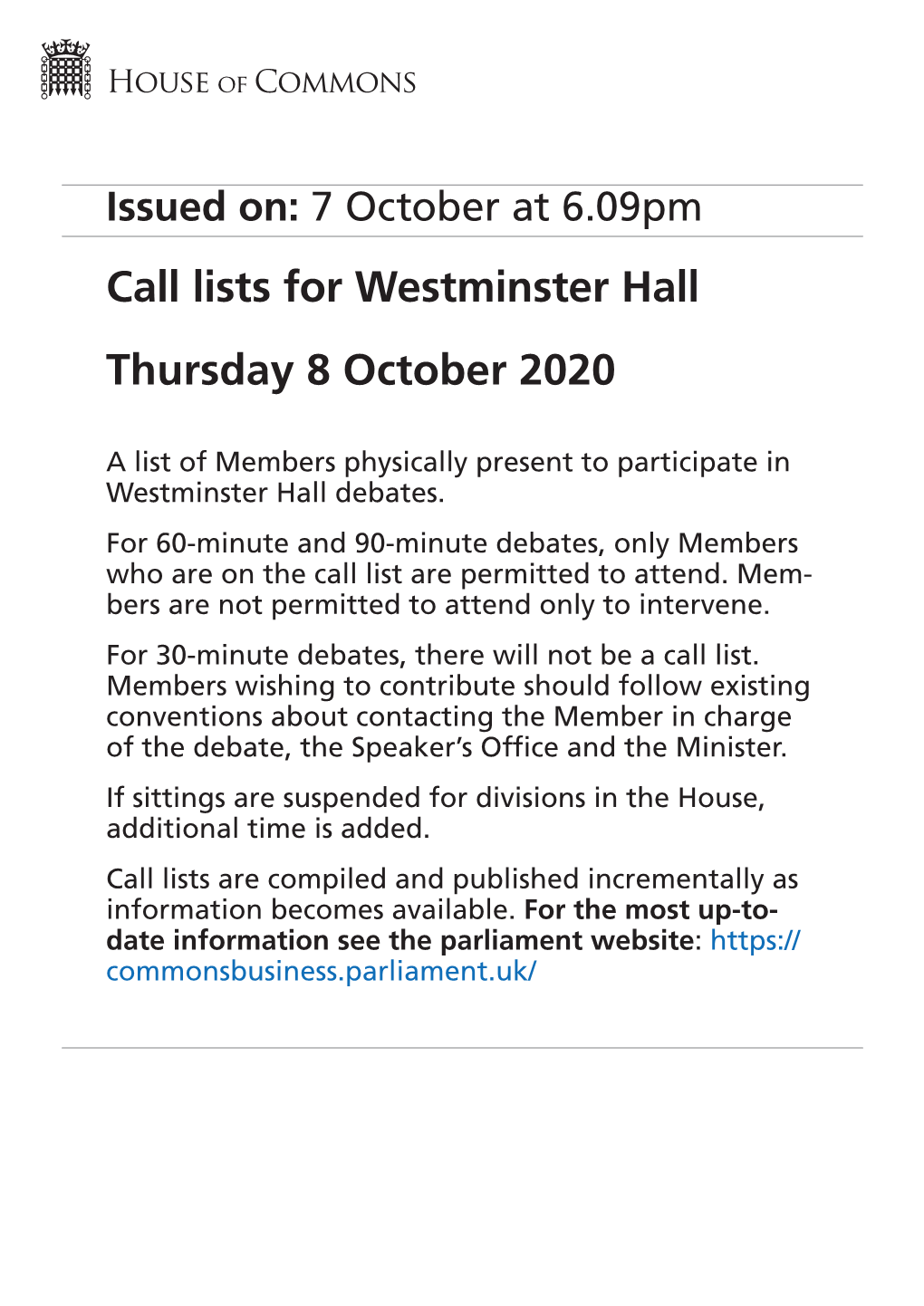 Westminster Hall Thursday 8 October 2020