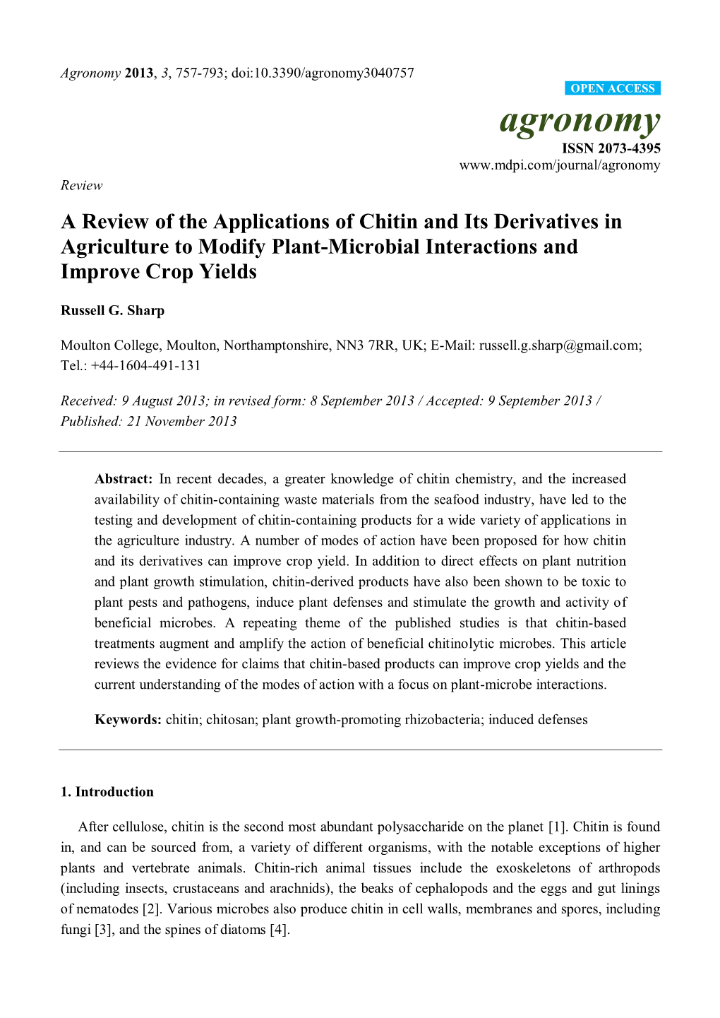 A Review of the Applications of Chitin and Its Derivatives in Agriculture to Modify Plant-Microbial Interactions and Improve Crop Yields