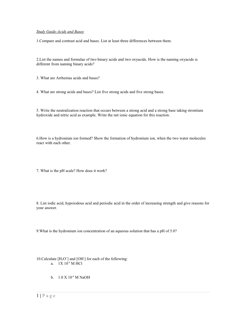 Study Guide:Acids and Bases