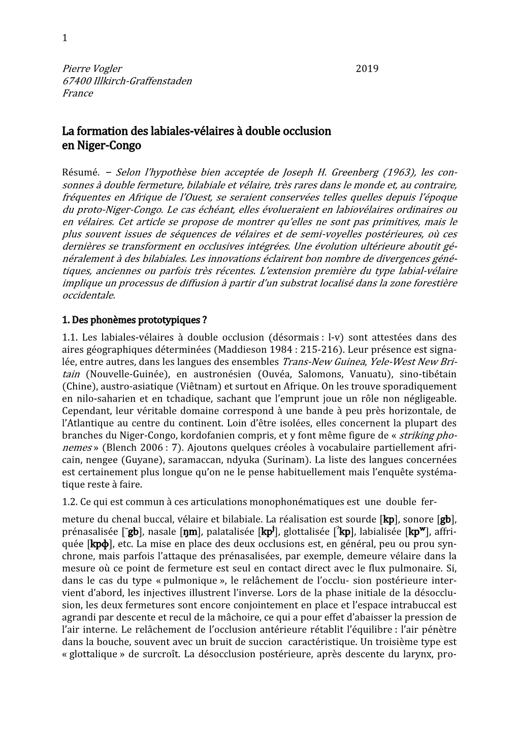 La Formation Des Labiales-Vélaires À Double Occlusion En Niger-Congo