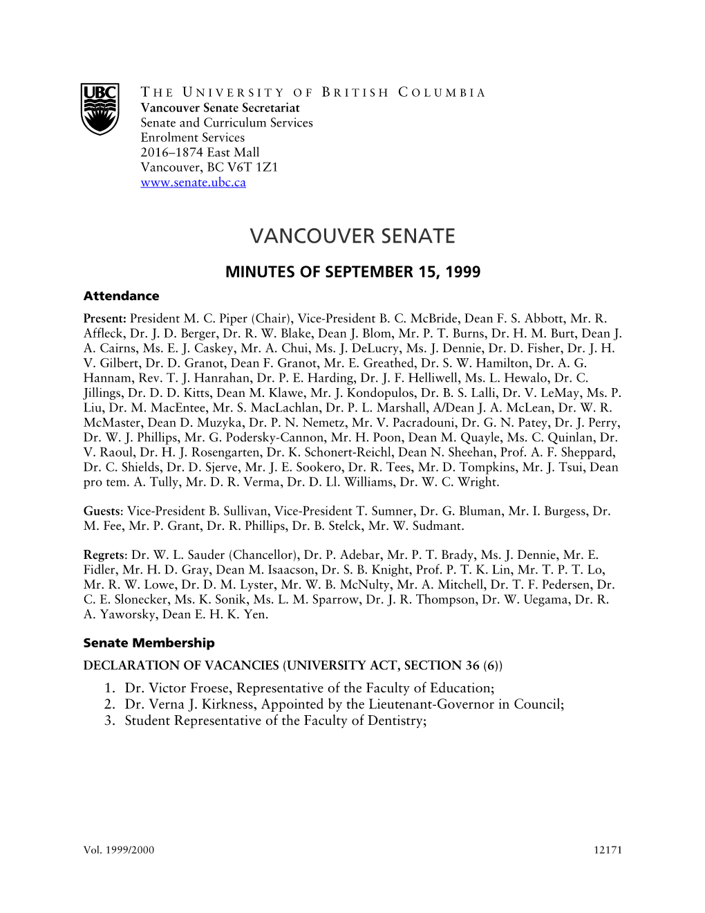 15 September 1999 Vancouver Senate Minutes