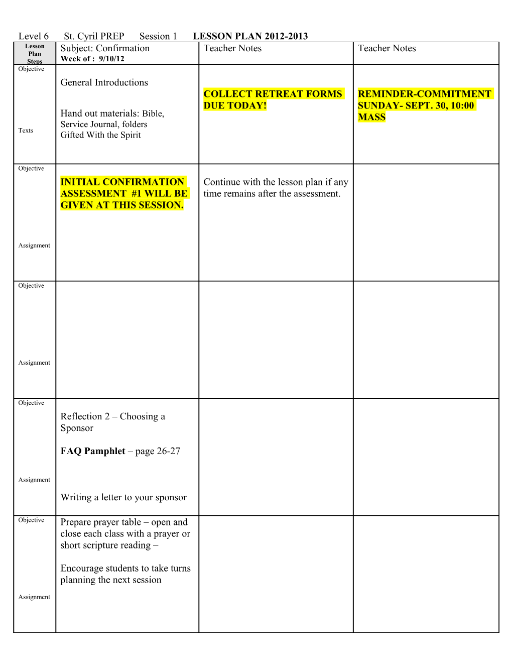 Level 6 St. Cyril PREP Session 1 LESSON PLAN 2012-2013