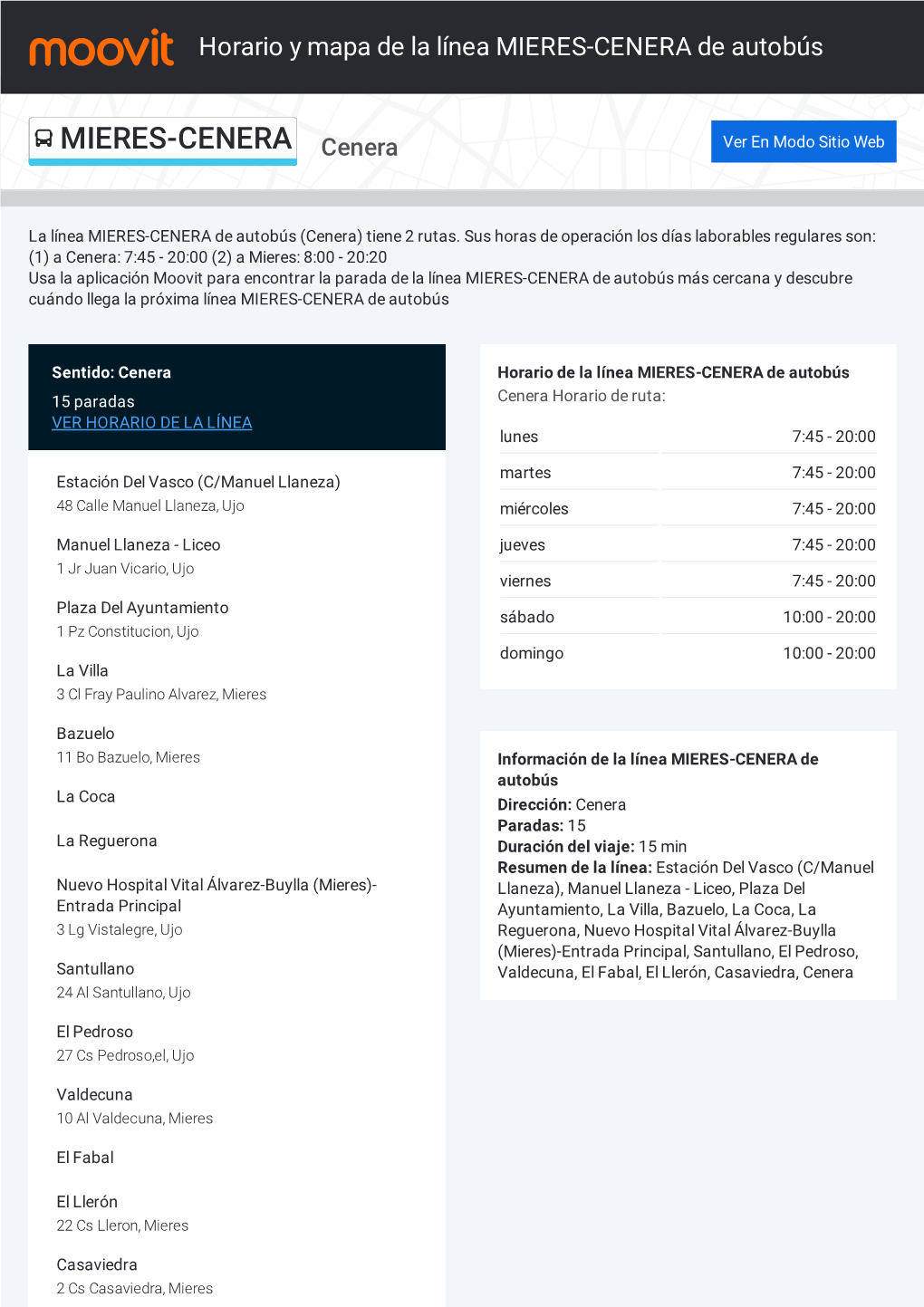 Horario Y Mapa De La Ruta MIERES-CENERA De Autobús