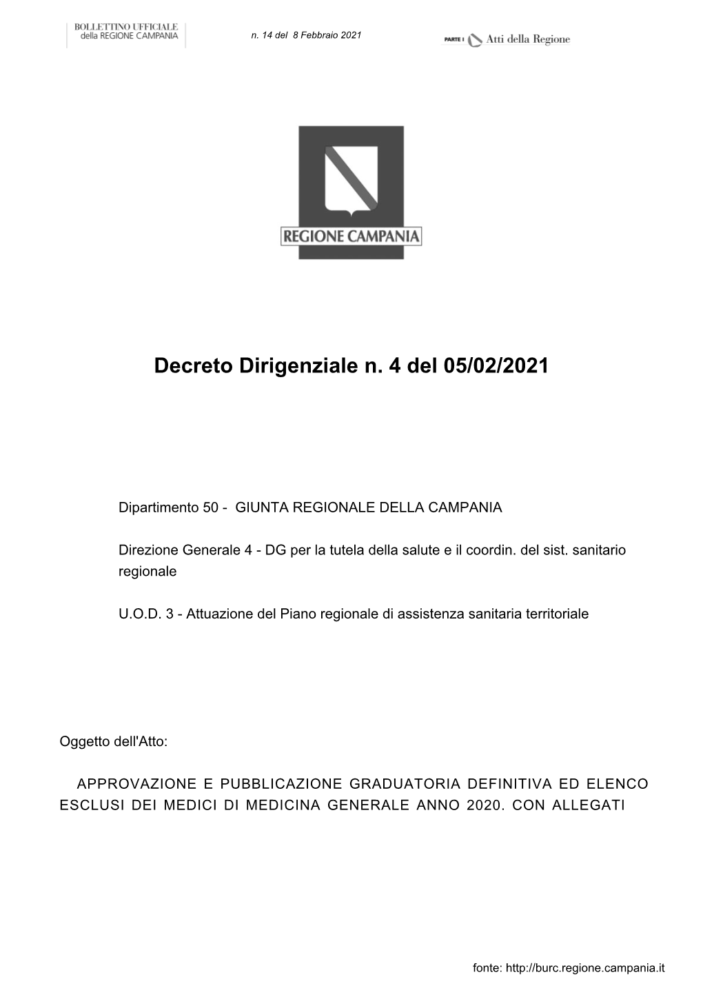 Decreto Dirigenziale N. 4 Del 05/02/2021