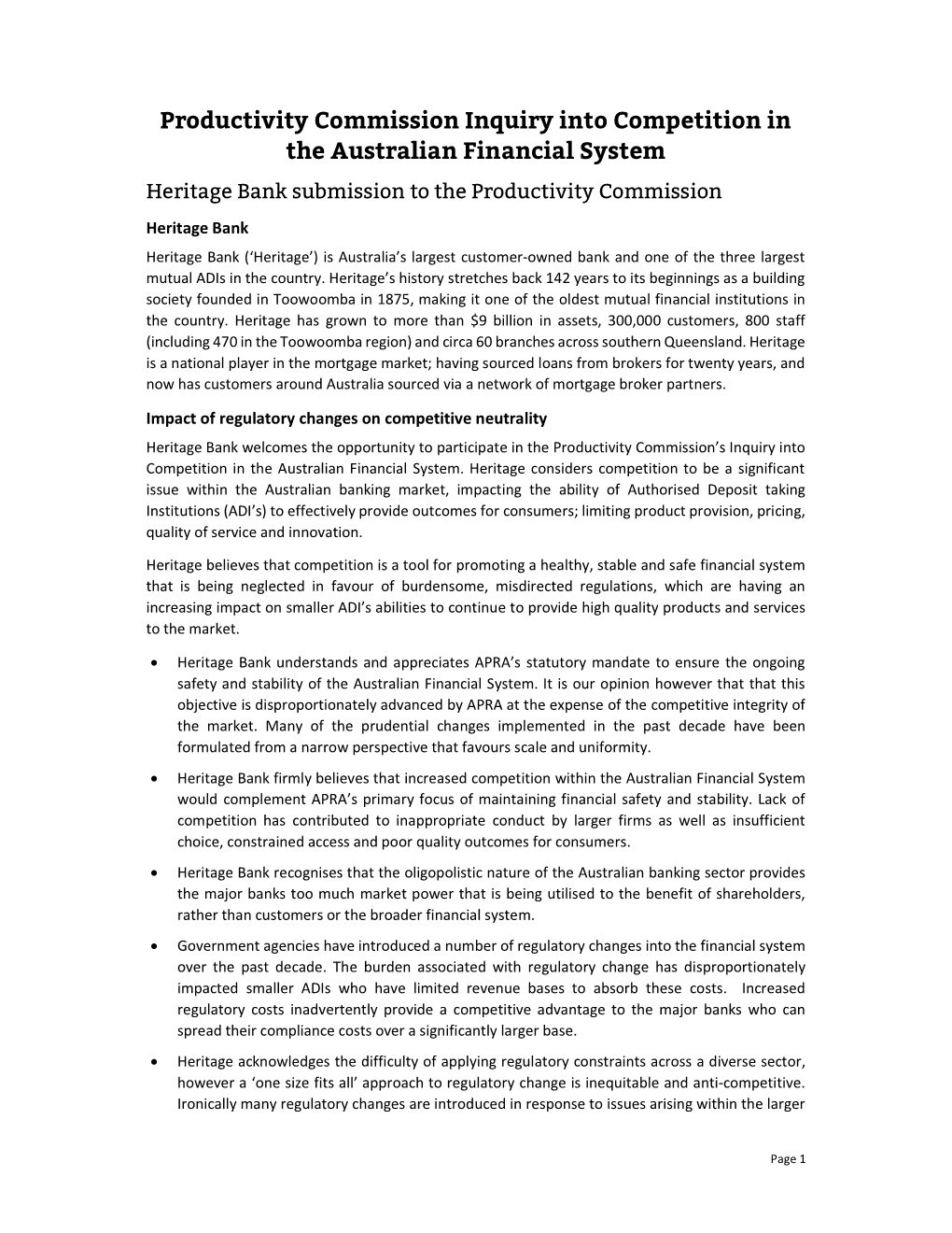 Heritage Bank Submission to the Productivity Commission