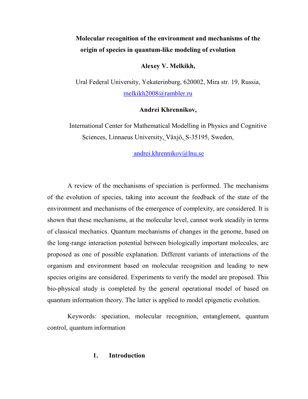 Molecular Recognition of the Environment and Mechanisms of the Origin of Species in Quantum-Like Modeling of Evolution