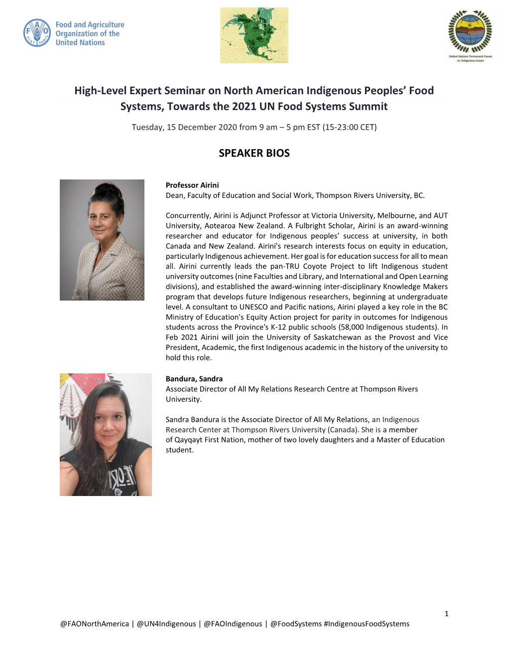 High-Level Expert Seminar on North American Indigenous Peoples’ Food Systems, Towards the 2021 UN Food Systems Summit