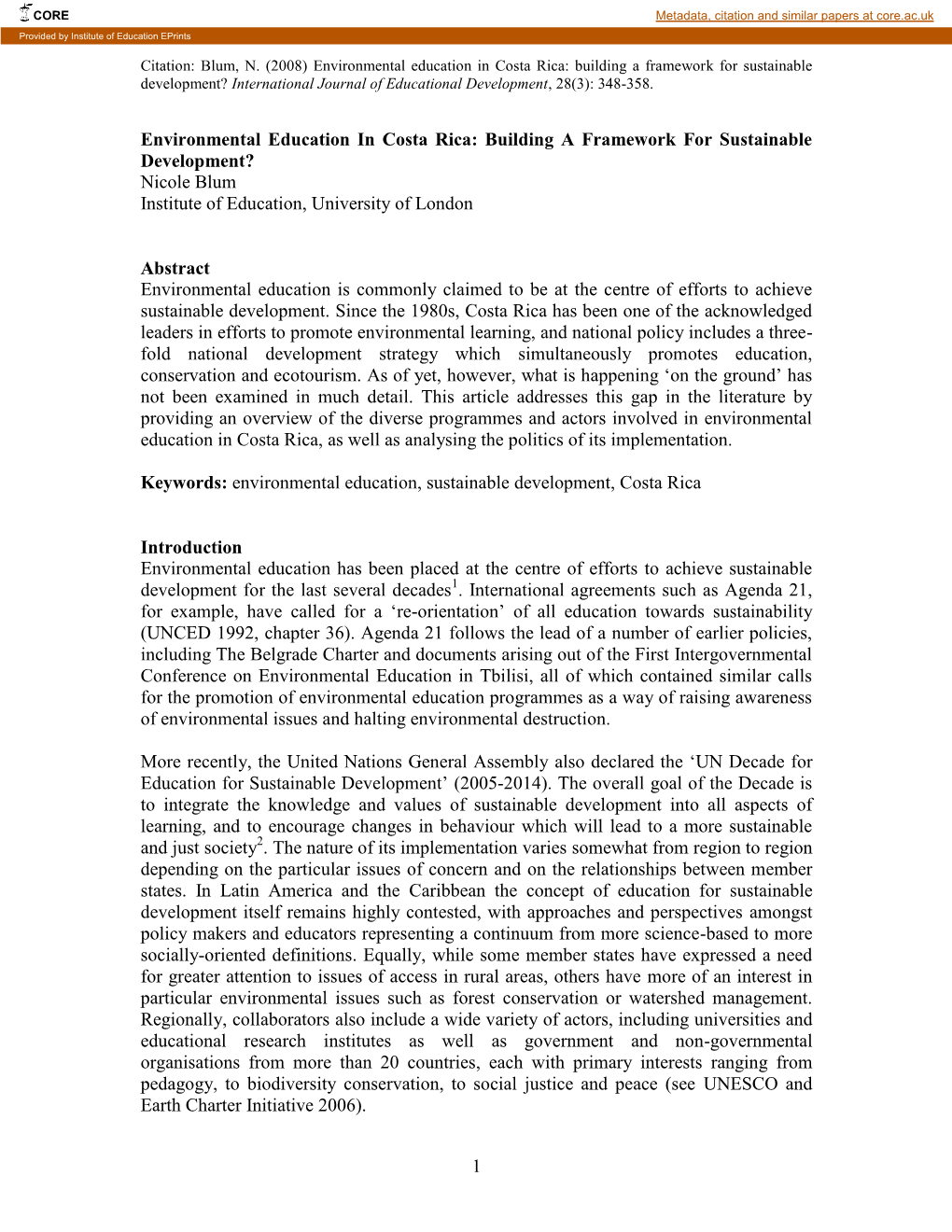 Environmental Education in Costa Rica: Building a Framework for Sustainable Development? International Journal of Educational Development, 28(3): 348-358