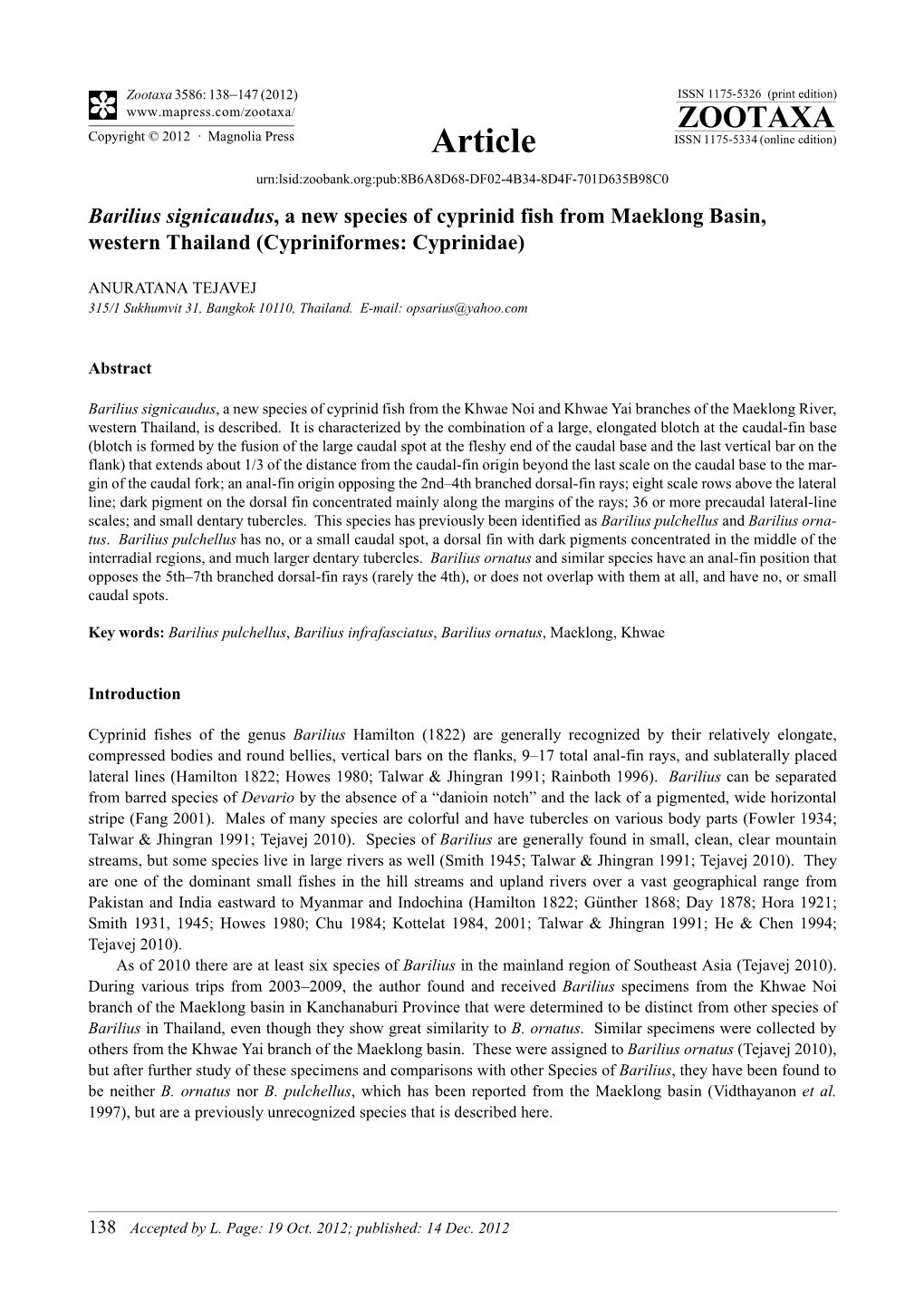 Barilius Signicaudus, a New Species of Cyprinid Fish from Maeklong Basin, Western Thailand (Cypriniformes: Cyprinidae)