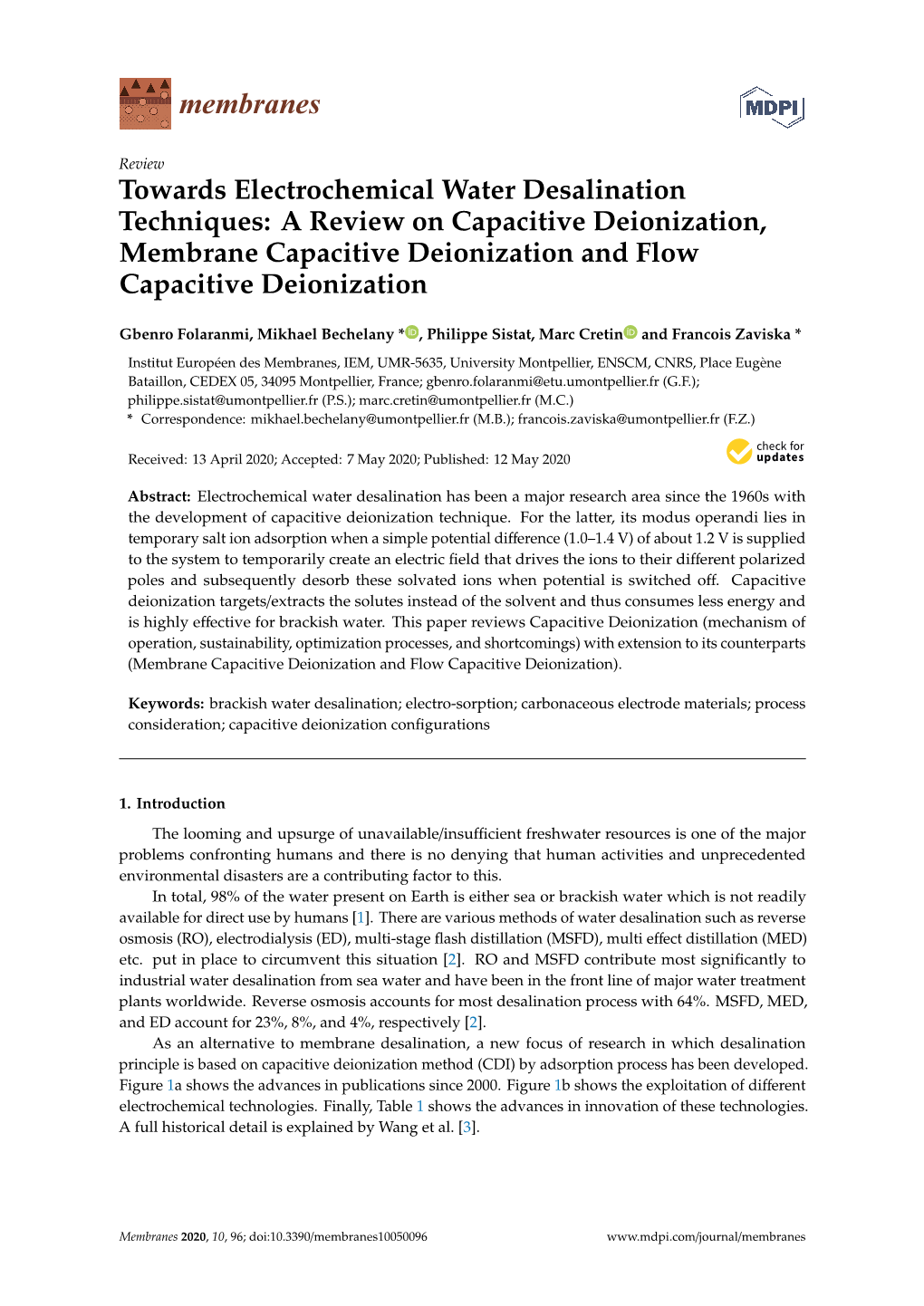 Towards Electrochemical Water Desalination Techniques: a Review on Capacitive Deionization, Membrane Capacitive Deionization and Flow Capacitive Deionization