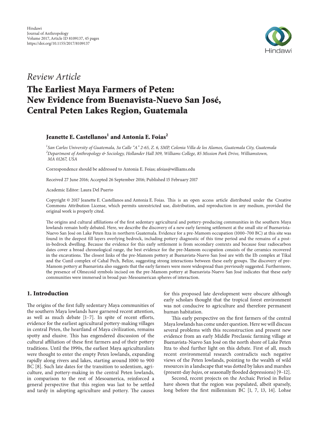 Review Article the Earliest Maya Farmers of Peten: New Evidence from Buenavista-Nuevo San José, Central Peten Lakes Region, Guatemala