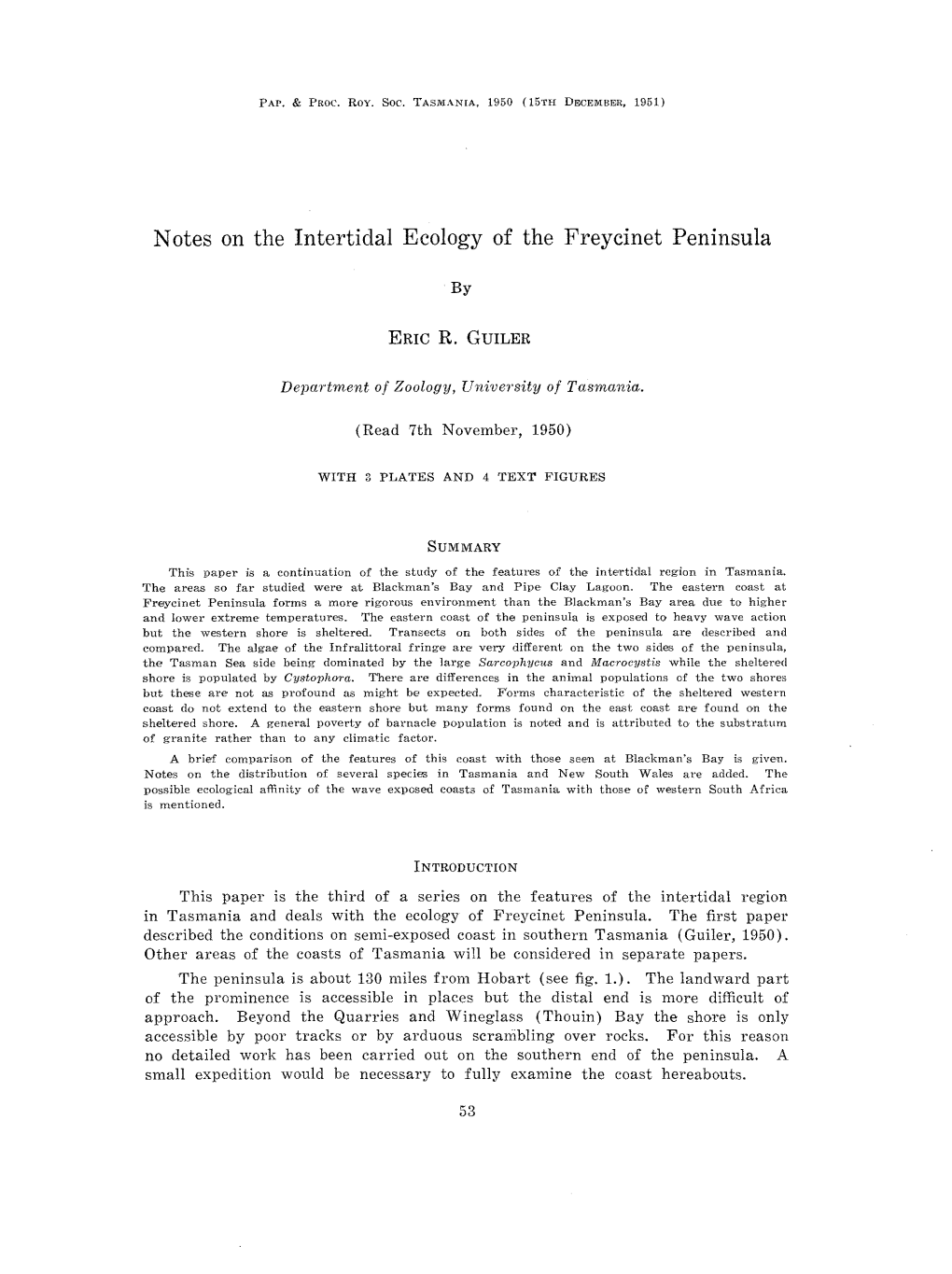 Notes on the Intertidal Ecology of the Freycinet Peninsula