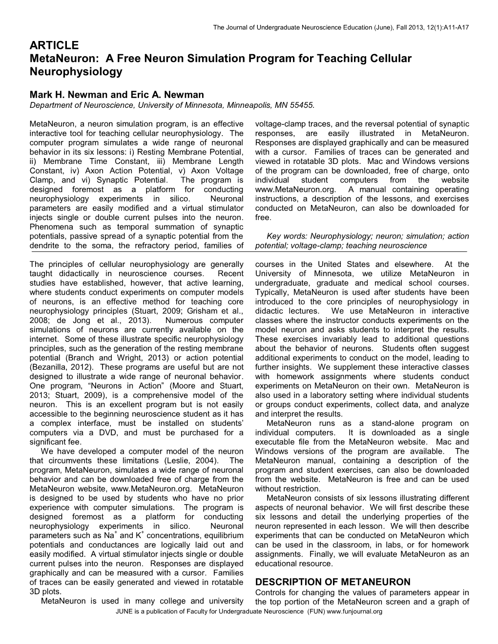 Metaneuron: a Free Neuron Simulation Program for Teaching Cellular Neurophysiology