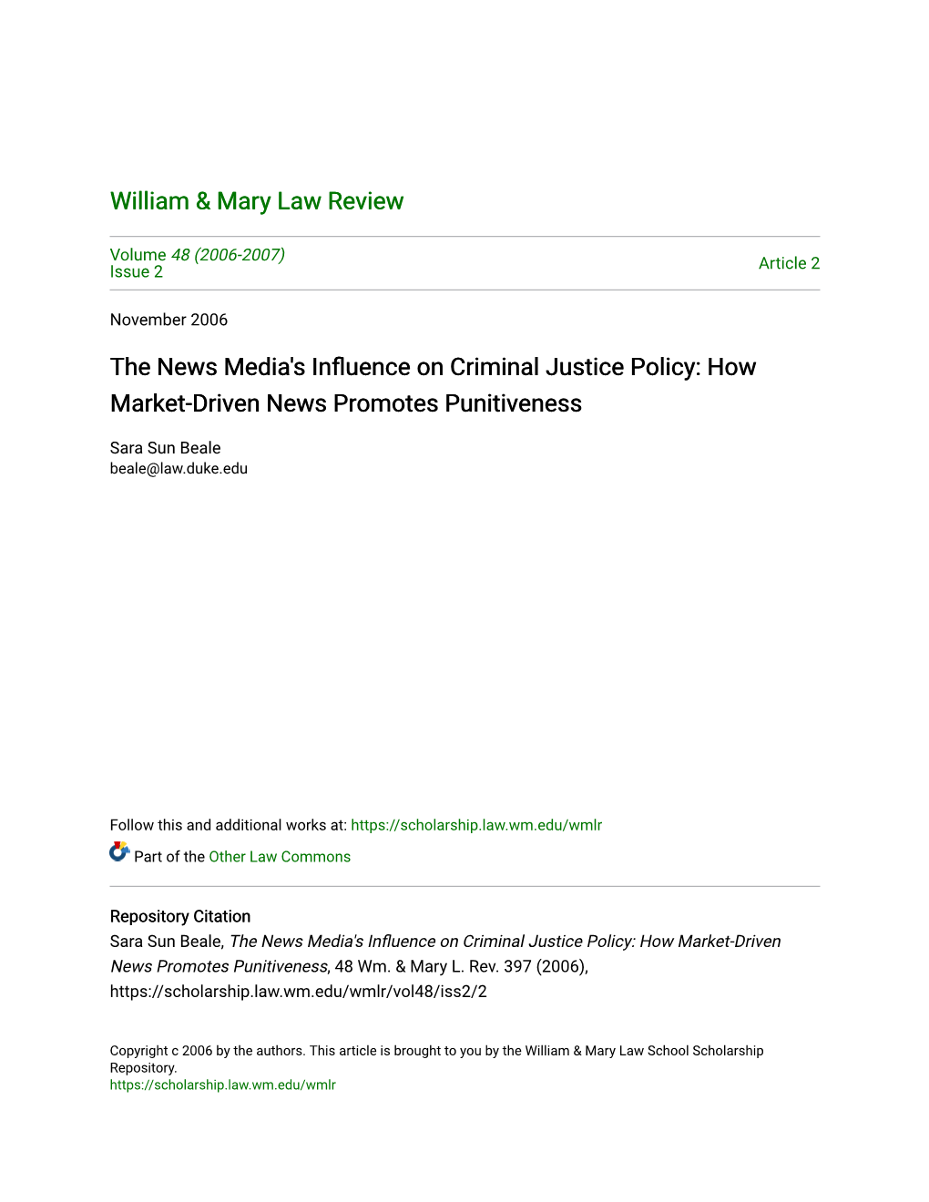 The News Media's Influence on Criminal Justice Policy: How Market-Driven News Promotes Punitiveness